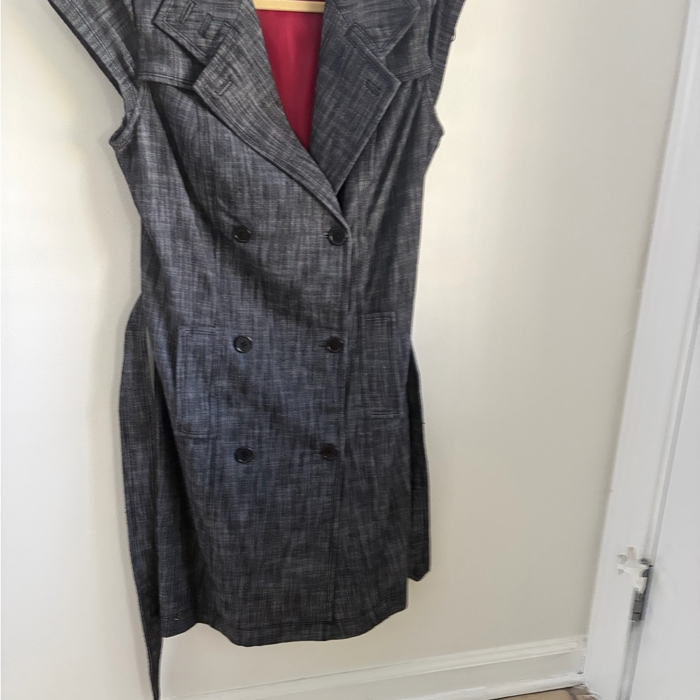 Sharagano Grey Pinstripe Double-Breasted Midi Dress with Pink Lining